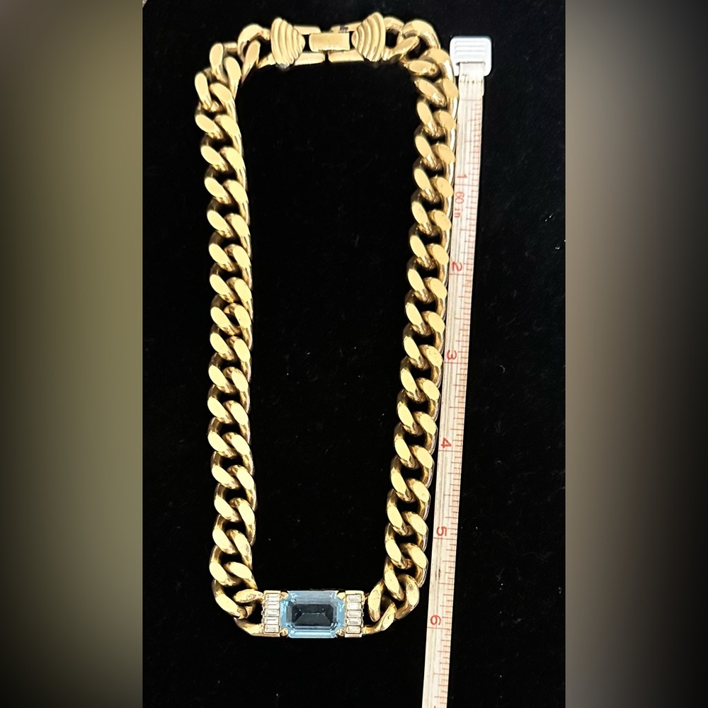 Swarovski Blue &  Baguettes Cuban Link Chain Choker-1980’s - Picture 9 of 11